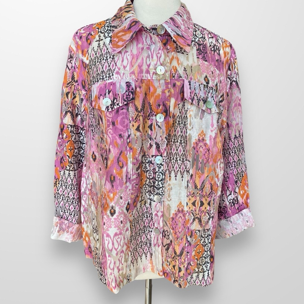 Ruby Rd. Woman 20W Top Shirt Button Front Long Sleeve Lightweight Multicolor